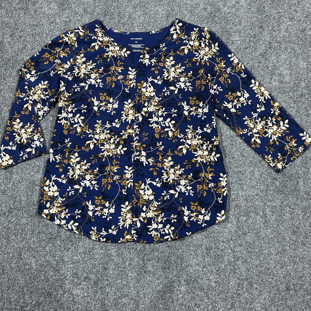 Van Heusen Womens Navy Blue Floral Mixed Media 3/4 Sleeve Blouse Size M